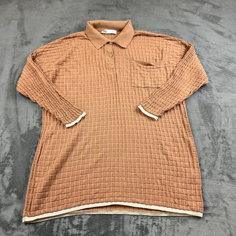 Zara Top Womens Size S Collar Brown Textured Stretch Boxy Long Sleeve Retro Boho